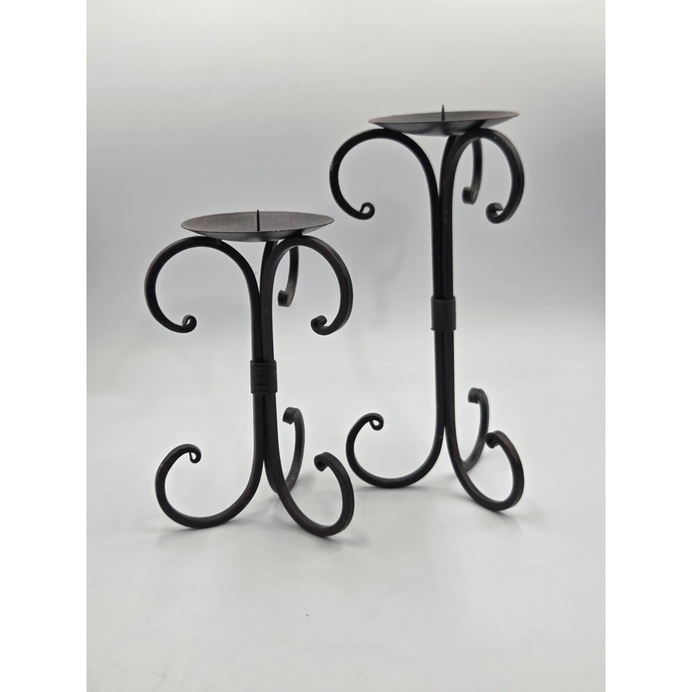 Pillar Candle Holders Set 2 Metal Scroll Tuscan Gothic Distressed Decor Stand